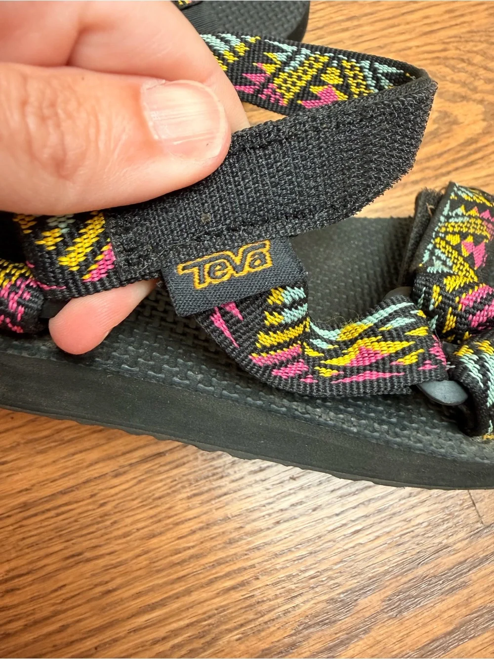 Teva Black Sandals with Yellow, Pink & Teal Patterned Straps Kids 1